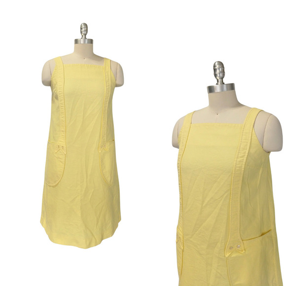 Vintage 60s Yellow Shift Dress Size S Page Boy Sleeveless Smock Pockets Buttons - Picture 1 of 13